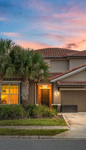 Front exterior of villa at sunset with palm trees, terracotta roof, and glowing orange sky
