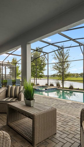 Screened lanai with wicker outdoor seating, pool, dining table, and lake view beyond